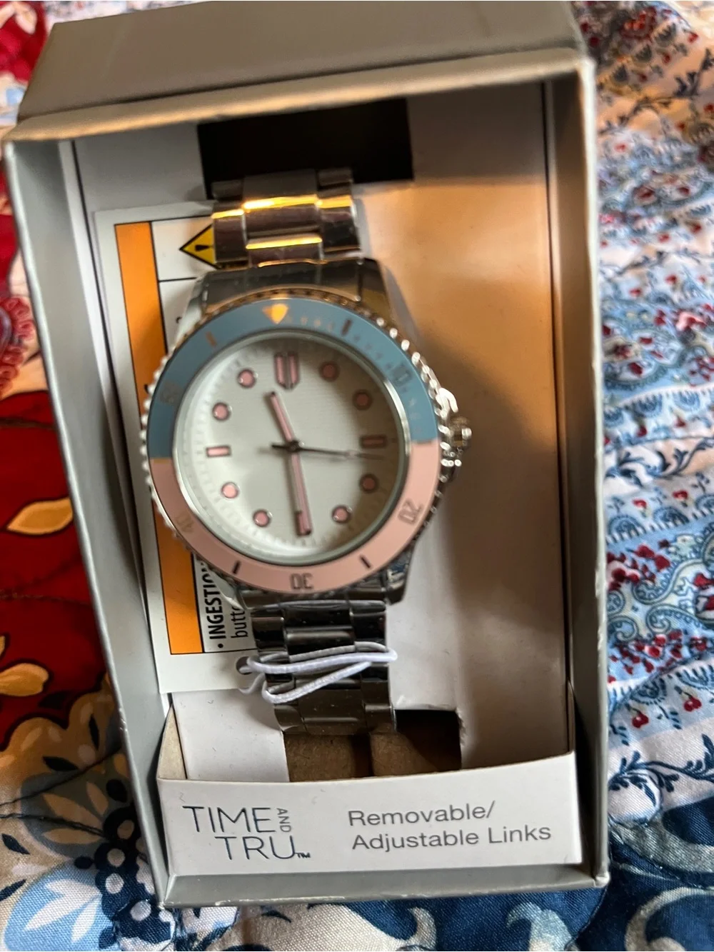 Time and Tru Silver Watch with Pink and Blue Bezel